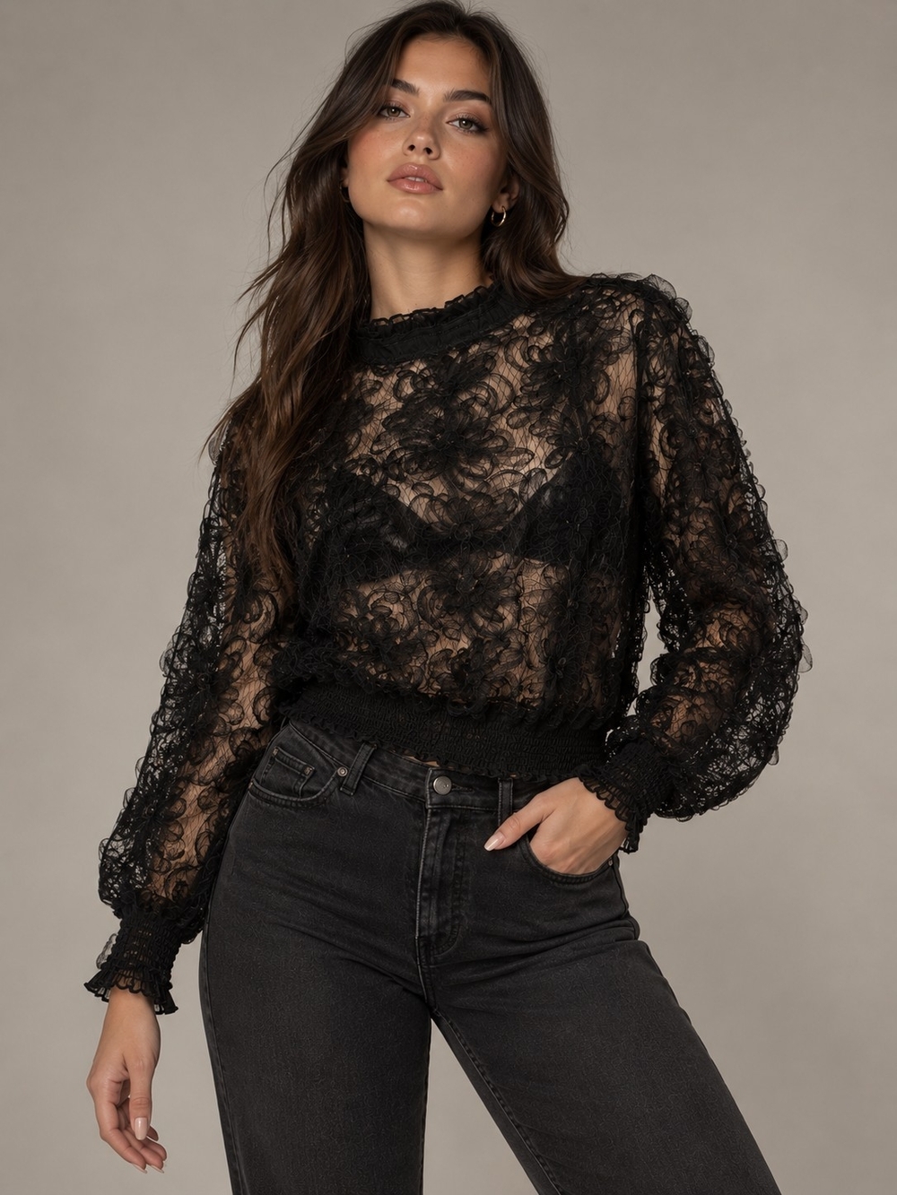WoWo 1X Black Sheer Floral Lace Long Sleeve Top Blouse Romantic Gothic Plus Size